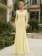 Chiffon Sheath/Column V-Neck Floor-Length Mother of the Bride & Groom Dresses with Lace Embroidery Bodice & Ruched Waist (SHI22501510)