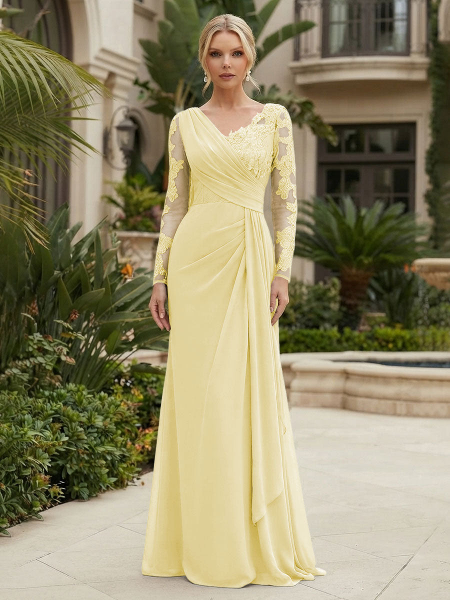 Chiffon Sheath/Column V-Neck Floor-Length Mother of the Bride & Groom Dresses with Lace Embroidery Bodice & Ruched Waist (SHI22501510)
