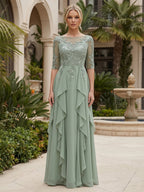 Floral Print A-Line/Princess Scoop Neck Floor-Length Mother of the Bride & Groom Dresses with Ruffles & Ruched Waist (SHI22501132)