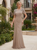 Chiffon Sheath/Column Scoop Neck Floor-Length Mother of the Bride & Groom Dresses with Ruched Waist (SHI22501522)