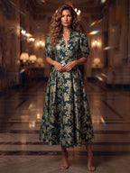 Jacquard A-Line/Princess V-Neck Tea-Length Mother of the Bride & Groom Dresses with Pleats (SHI22501532)