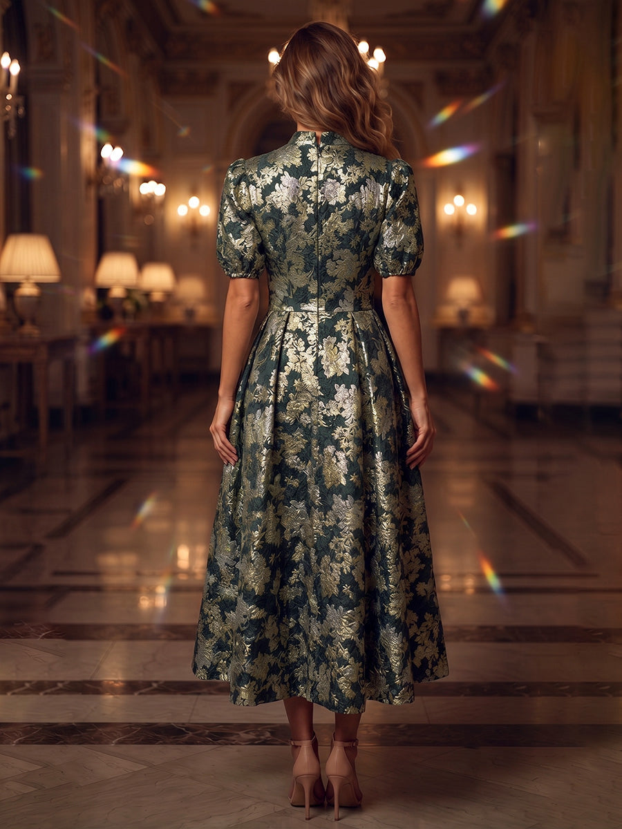 Jacquard A-Line/Princess V-Neck Tea-Length Mother of the Bride & Groom Dresses with Pleats (SHI22501532)