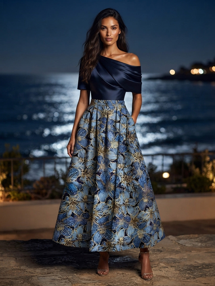 Jacquard A-Line/Princess Off Shoulder Floor-Length Mother of the Bride & Groom Dresses with Ruched Satin Bodice (SHI22501537)