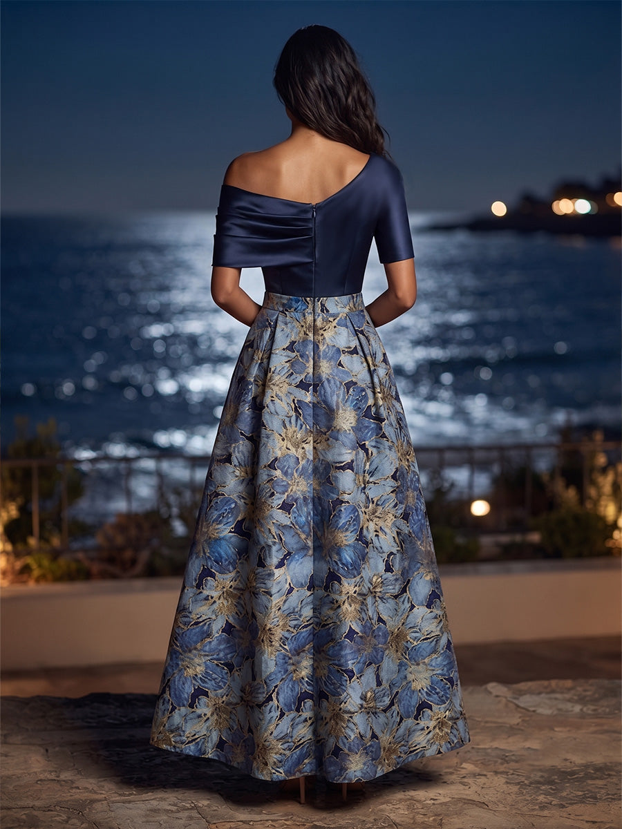 Jacquard A-Line/Princess Off Shoulder Floor-Length Mother of the Bride & Groom Dresses with Ruched Satin Bodice (SHI22501537)