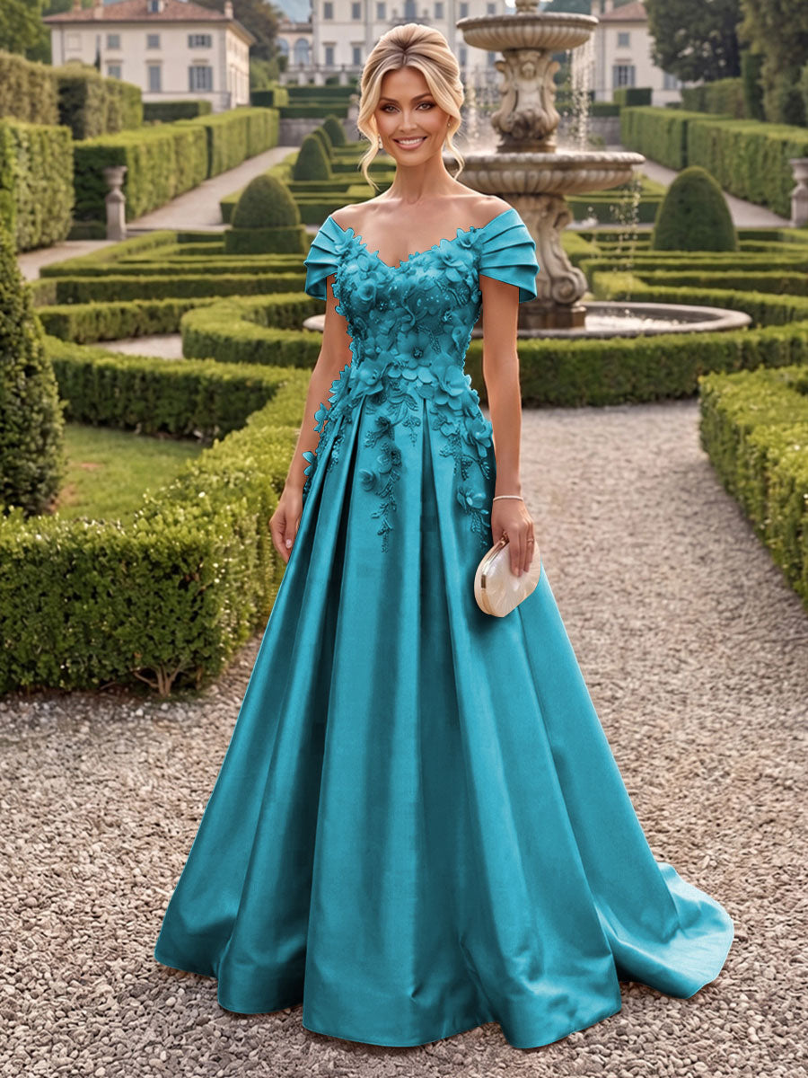 A-Line/Princess Off Shoulder Satin Floor-Length Mother of the Bride & Groom Dresses with 3D Flowers & Sweep Train (SHI22501552)