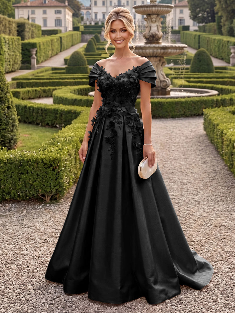 A-Line/Princess Off Shoulder Satin Floor-Length Mother of the Bride & Groom Dresses with 3D Flowers & Sweep Train (SHI22501552)