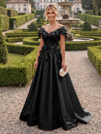 A-Line/Princess Off Shoulder Satin Floor-Length Mother of the Bride & Groom Dresses with 3D Flowers & Sweep Train (SHI22501552)