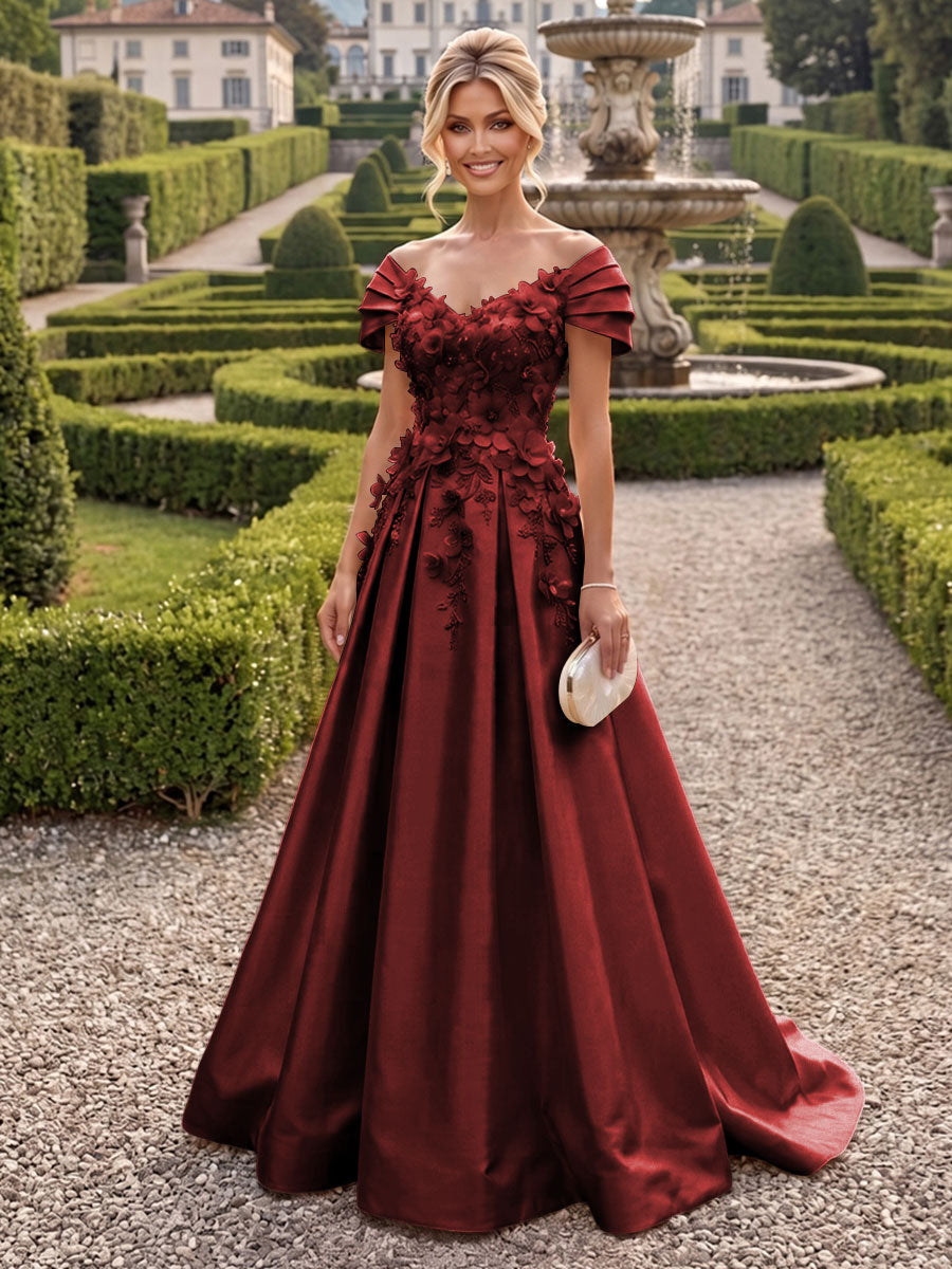 A-Line/Princess Off Shoulder Satin Floor-Length Mother of the Bride & Groom Dresses with 3D Flowers & Sweep Train (SHI22501552)