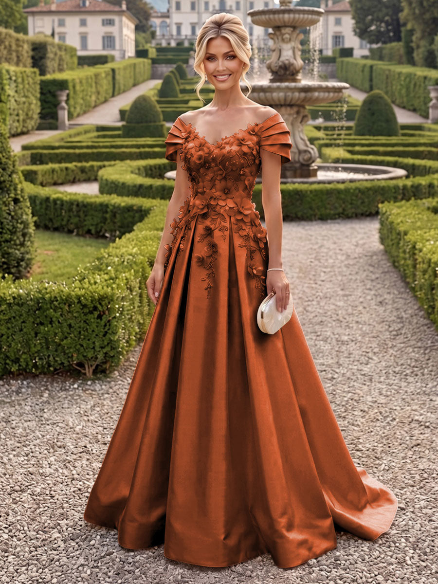 A-Line/Princess Off Shoulder Satin Floor-Length Mother of the Bride & Groom Dresses with 3D Flowers & Sweep Train (SHI22501552)