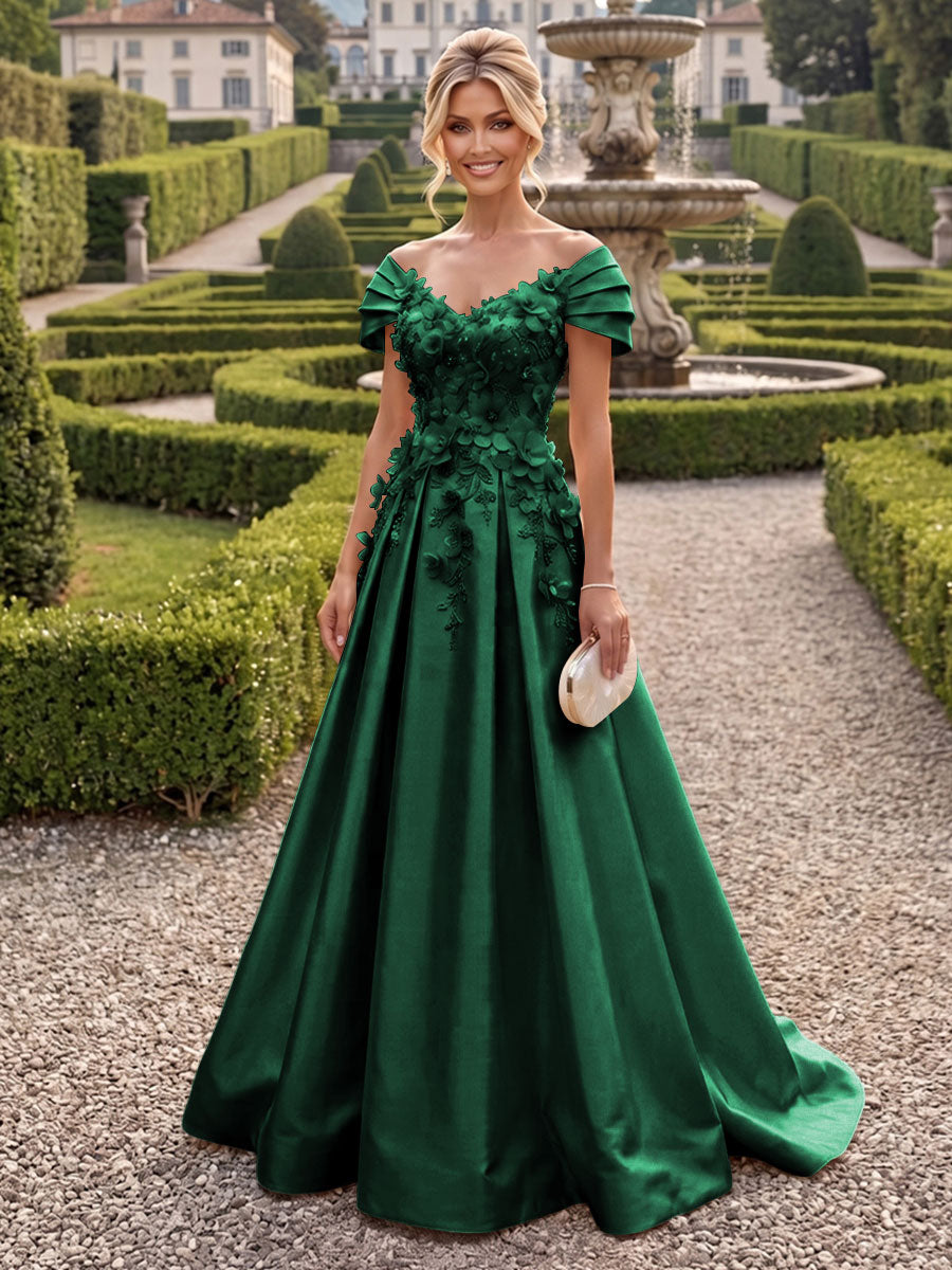 A-Line/Princess Off Shoulder Satin Floor-Length Mother of the Bride & Groom Dresses with 3D Flowers & Sweep Train (SHI22501552)