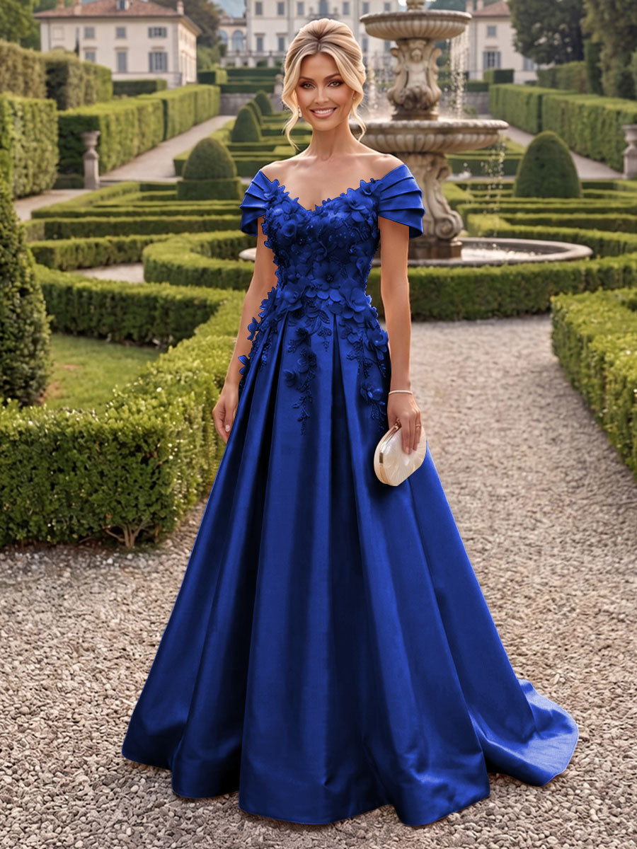 A-Line/Princess Off Shoulder Satin Floor-Length Mother of the Bride & Groom Dresses with 3D Flowers & Sweep Train (SHI22501552)
