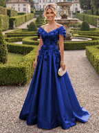 A-Line/Princess Off Shoulder Satin Floor-Length Mother of the Bride & Groom Dresses with 3D Flowers & Sweep Train (SHI22501552)