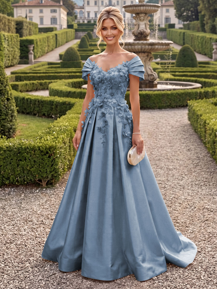 A-Line/Princess Off Shoulder Satin Floor-Length Mother of the Bride & Groom Dresses with 3D Flowers & Sweep Train (SHI22501552)