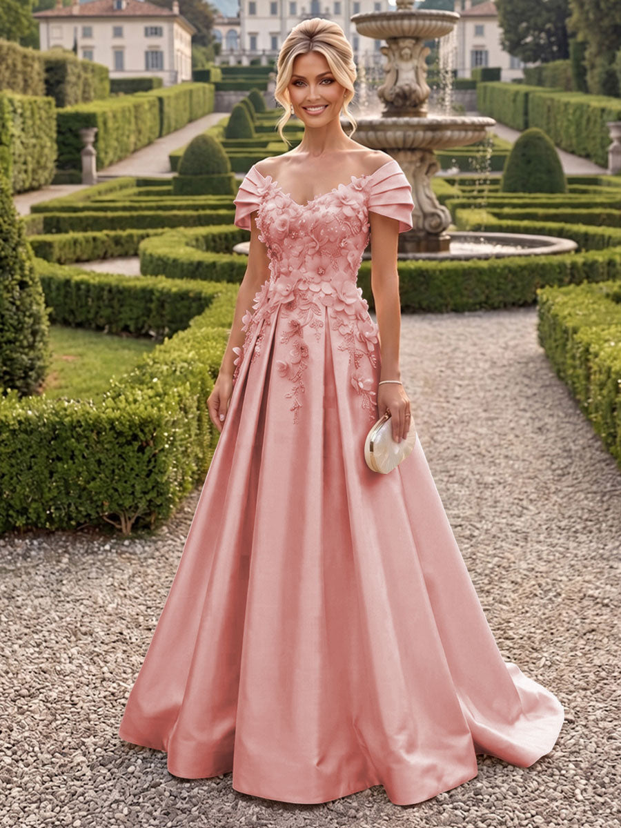 A-Line/Princess Off Shoulder Satin Floor-Length Mother of the Bride & Groom Dresses with 3D Flowers & Sweep Train (SHI22501552)