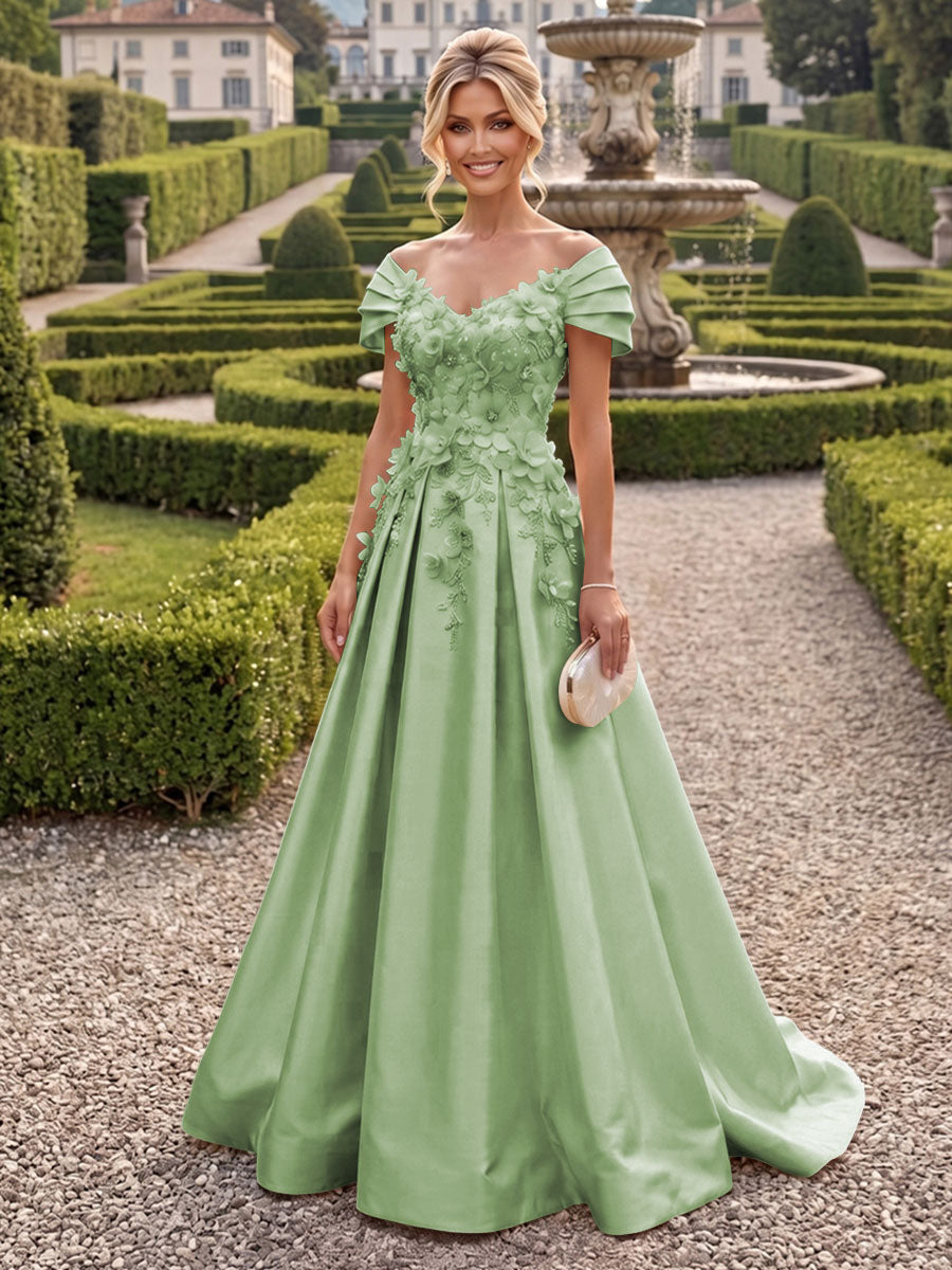 A-Line/Princess Off Shoulder Satin Floor-Length Mother of the Bride & Groom Dresses with 3D Flowers & Sweep Train (SHI22501552)