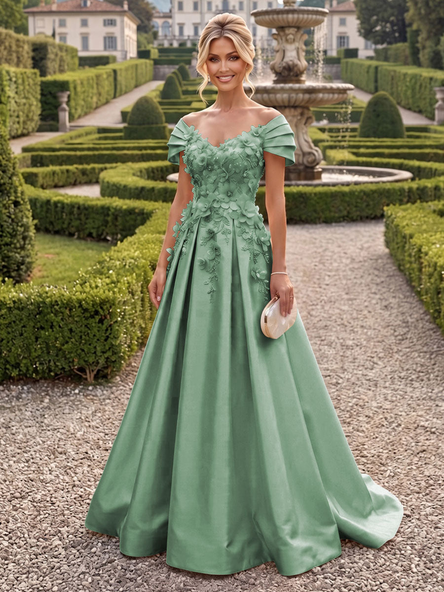 A-Line/Princess Off Shoulder Satin Floor-Length Mother of the Bride & Groom Dresses with 3D Flowers & Sweep Train (SHI22501552)