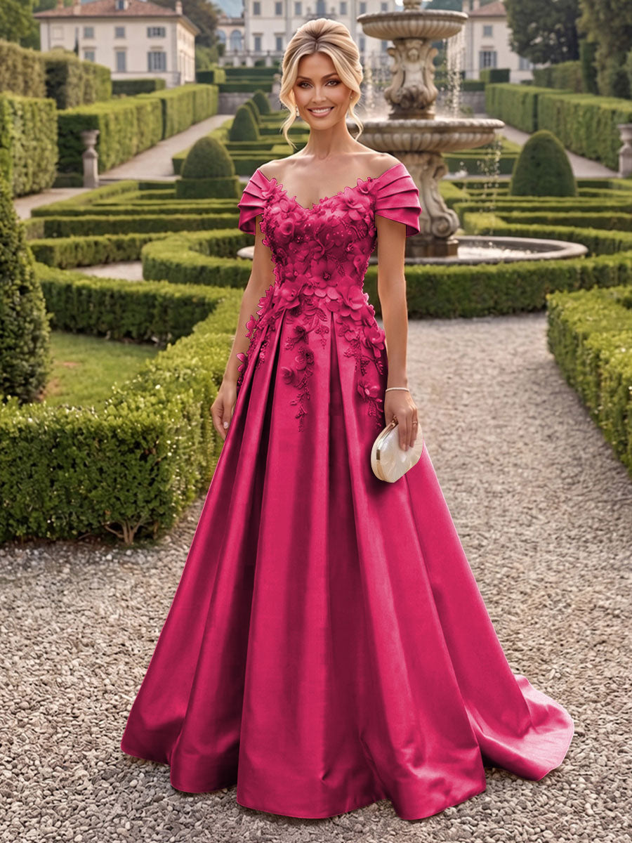 A-Line/Princess Off Shoulder Satin Floor-Length Mother of the Bride & Groom Dresses with 3D Flowers & Sweep Train (SHI22501552)