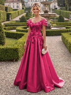 A-Line/Princess Off Shoulder Satin Floor-Length Mother of the Bride & Groom Dresses with 3D Flowers & Sweep Train (SHI22501552)