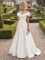 A-Line/Princess Off Shoulder Satin Floor-Length Mother of the Bride & Groom Dresses with 3D Flowers & Sweep Train (SHI22501552)