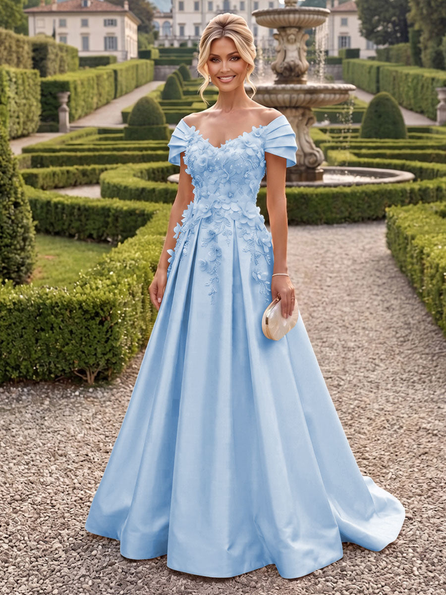 A-Line/Princess Off Shoulder Satin Floor-Length Mother of the Bride & Groom Dresses with 3D Flowers & Sweep Train (SHI22501552)