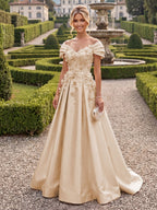 A-Line/Princess Off Shoulder Satin Floor-Length Mother of the Bride & Groom Dresses with 3D Flowers & Sweep Train (SHI22501552)