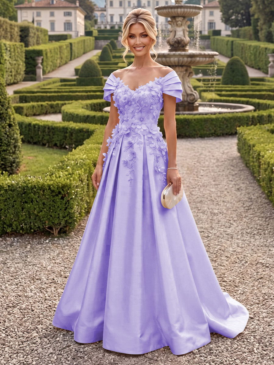 A-Line/Princess Off Shoulder Satin Floor-Length Mother of the Bride & Groom Dresses with 3D Flowers & Sweep Train (SHI22501552)