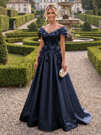 A-Line/Princess Off Shoulder Satin Floor-Length Mother of the Bride & Groom Dresses with 3D Flowers & Sweep Train (SHI22501552)