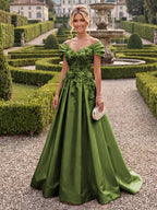 A-Line/Princess Off Shoulder Satin Floor-Length Mother of the Bride & Groom Dresses with 3D Flowers & Sweep Train (SHI22501552)