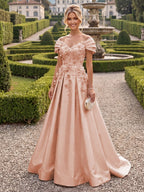 A-Line/Princess Off Shoulder Satin Floor-Length Mother of the Bride & Groom Dresses with 3D Flowers & Sweep Train (SHI22501552)