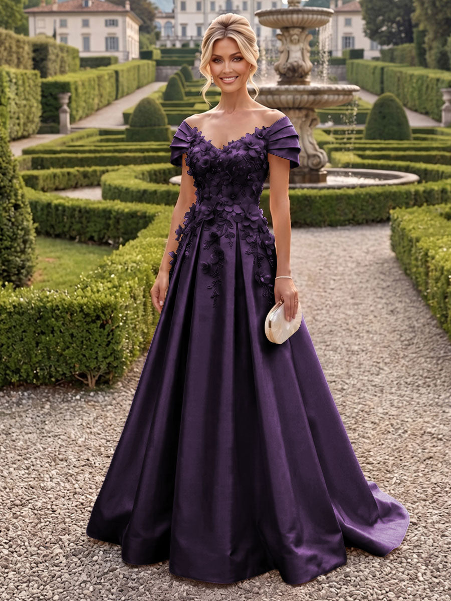 A-Line/Princess Off Shoulder Satin Floor-Length Mother of the Bride & Groom Dresses with 3D Flowers & Sweep Train (SHI22501552)