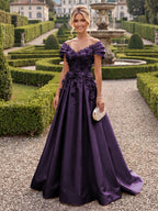 A-Line/Princess Off Shoulder Satin Floor-Length Mother of the Bride & Groom Dresses with 3D Flowers & Sweep Train (SHI22501552)