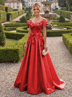 A-Line/Princess Off Shoulder Satin Floor-Length Mother of the Bride & Groom Dresses with 3D Flowers & Sweep Train (SHI22501552)