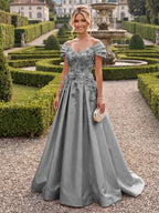 A-Line/Princess Off Shoulder Satin Floor-Length Mother of the Bride & Groom Dresses with 3D Flowers & Sweep Train (SHI22501552)