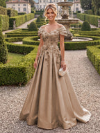 A-Line/Princess Off Shoulder Satin Floor-Length Mother of the Bride & Groom Dresses with 3D Flowers & Sweep Train (SHI22501552)