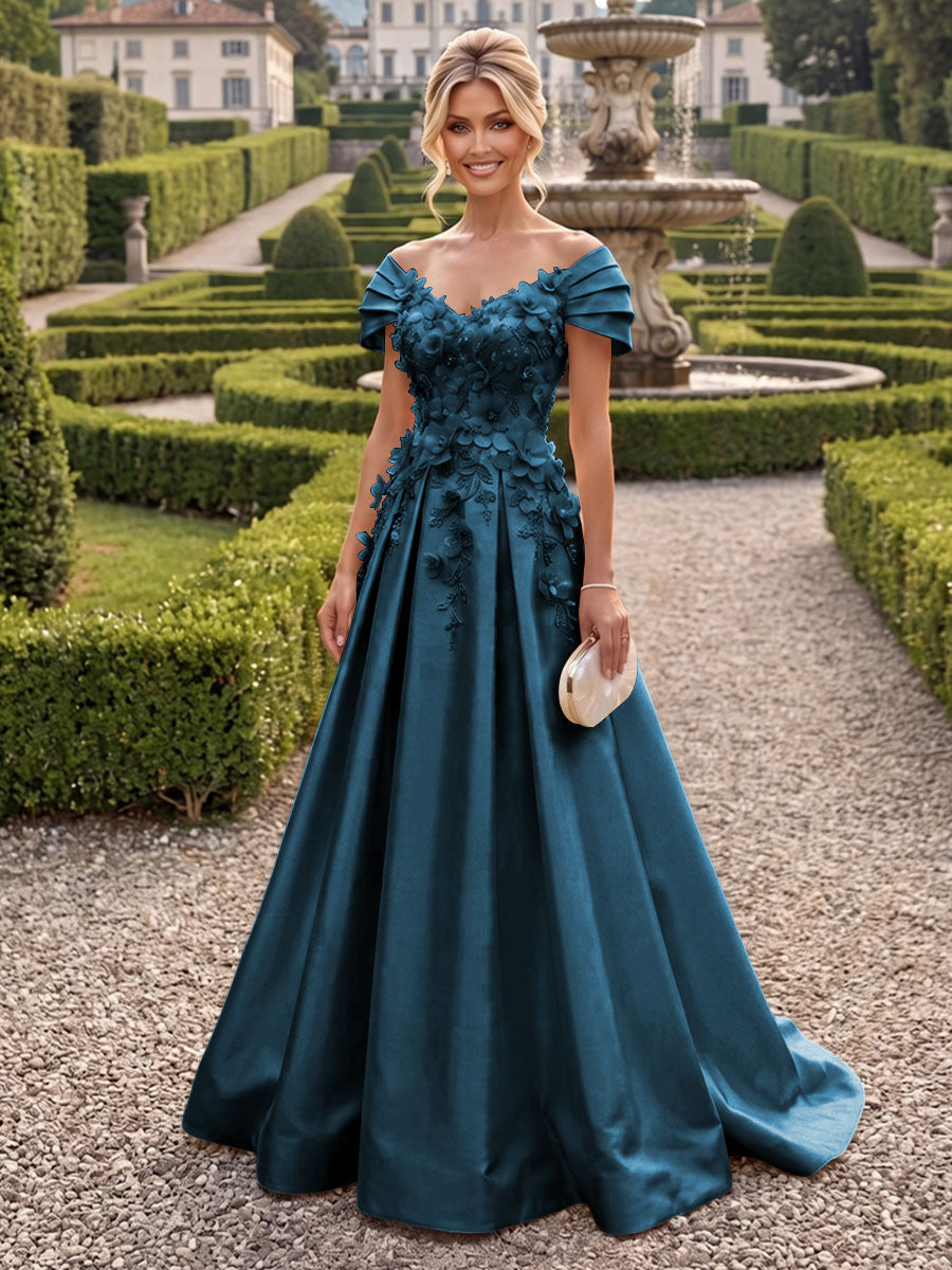 A-Line/Princess Off Shoulder Satin Floor-Length Mother of the Bride & Groom Dresses with 3D Flowers & Sweep Train (SHI22501552)