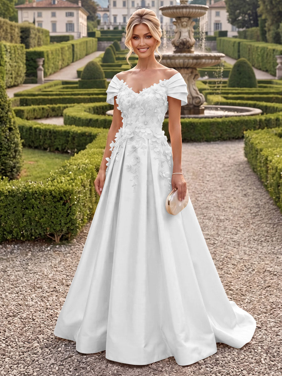 A-Line/Princess Off Shoulder Satin Floor-Length Mother of the Bride & Groom Dresses with 3D Flowers & Sweep Train (SHI22501552)