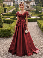 A-Line/Princess Off Shoulder Satin Floor-Length Mother of the Bride & Groom Dresses with 3D Flowers & Sweep Train (SHI22501552)