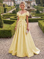A-Line/Princess Off Shoulder Satin Floor-Length Mother of the Bride & Groom Dresses with 3D Flowers & Sweep Train (SHI22501552)