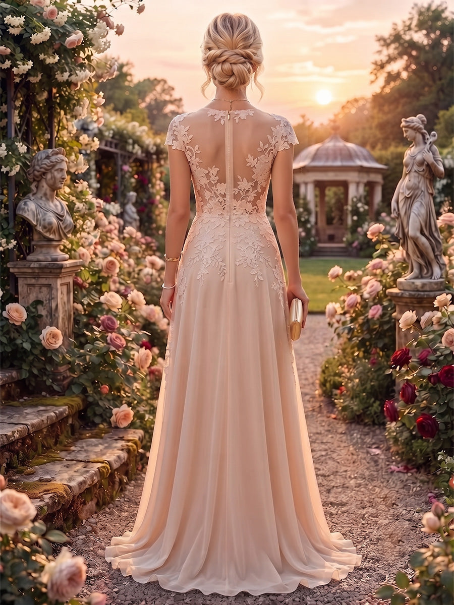 A-Line/Princess Scoop Neck Chiffon Floor-Length Mother of the Bride & Groom Dresses with Lace Appliques & Pleats (SHI22501554)
