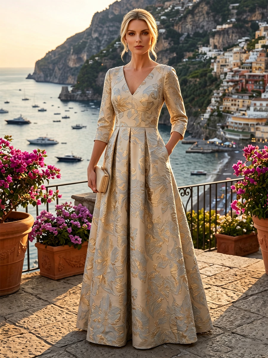 Jacquard A-Line/Princess V-Neck Floor-Length Mother of the Bride & Groom Dresses with Ruched Waist & Pockets (SHI22501298)