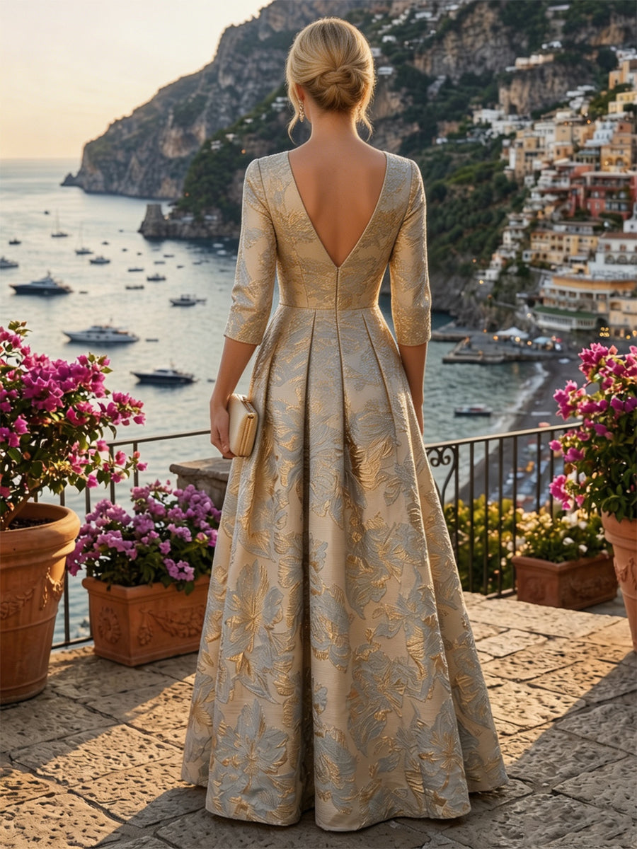 Jacquard A-Line/Princess V-Neck Floor-Length Mother of the Bride & Groom Dresses with Ruched Waist & Pockets (SHI22501298)