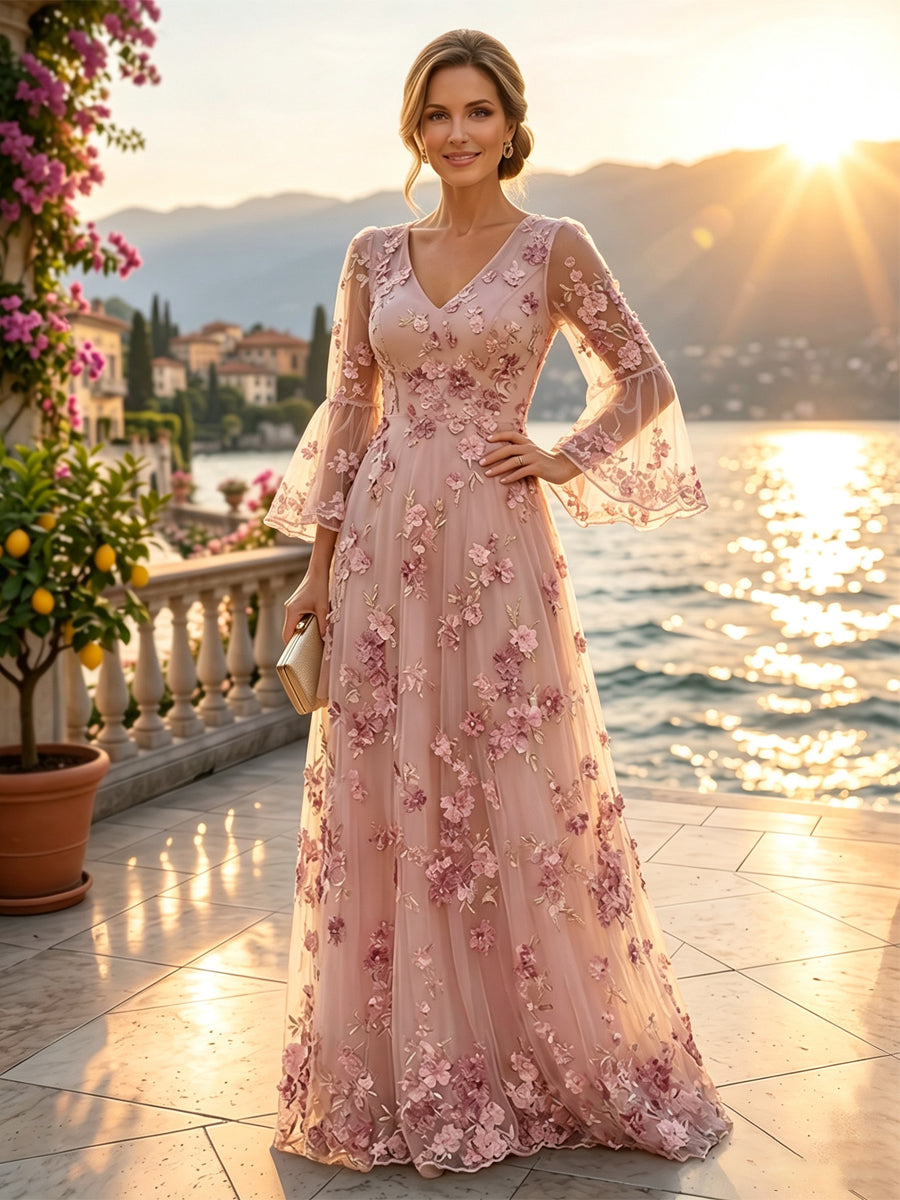 Tulle A-Line/Princess V-Neck Floor-Length Mother of the Bride & Groom Dresses with 3D Flowers (SHI22501351)