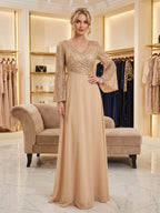 A-Line/Princess V-Neck Chiffon Floor-Length Mother of the Bride & Groom Dresses with Sequin Bodice (SHI22501564)