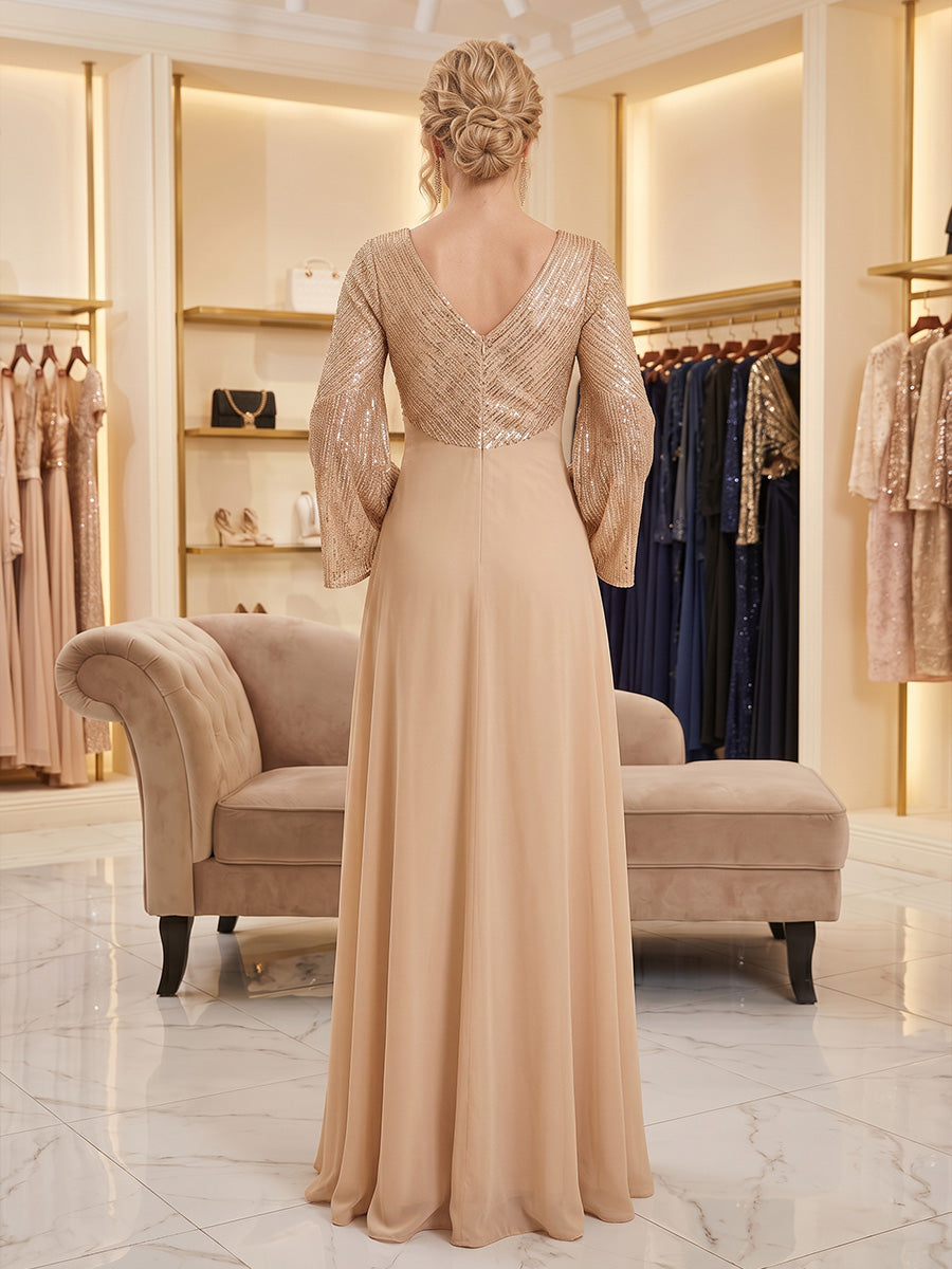 A-Line/Princess V-Neck Chiffon Floor-Length Mother of the Bride & Groom Dresses with Sequin Bodice (SHI22501564)