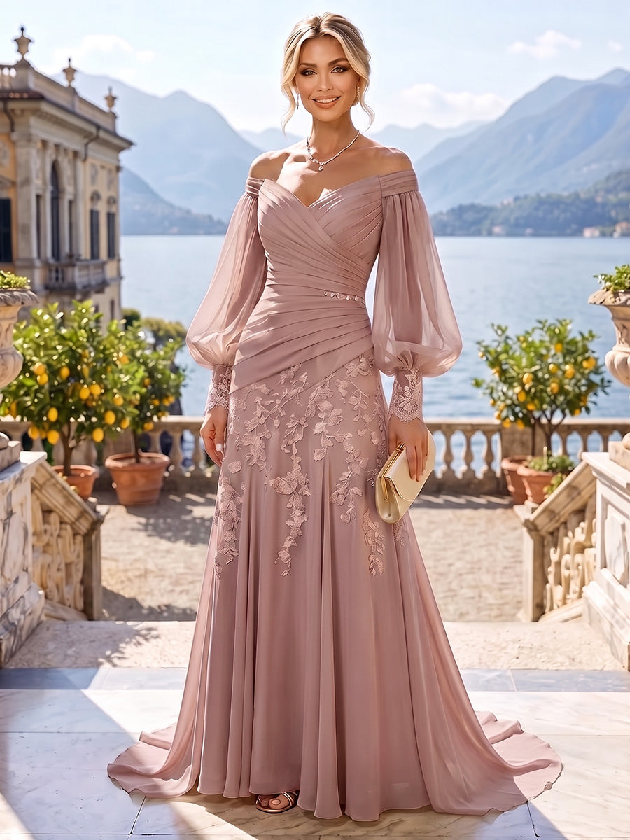 A-Line/Princess Off Shoulder Chiffon Floor-Length Mother of the Bride & Groom Dresses with Lace Appliques & Pleats (SHI22501566)