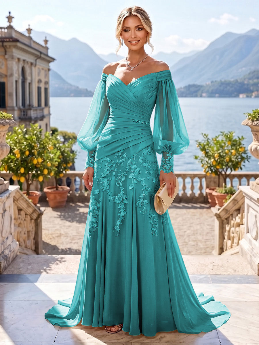 A-Line/Princess Off Shoulder Chiffon Floor-Length Mother of the Bride & Groom Dresses with Lace Appliques & Pleats (SHI22501566)