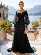 A-Line/Princess Off Shoulder Chiffon Floor-Length Mother of the Bride & Groom Dresses with Lace Appliques & Pleats (SHI22501566)
