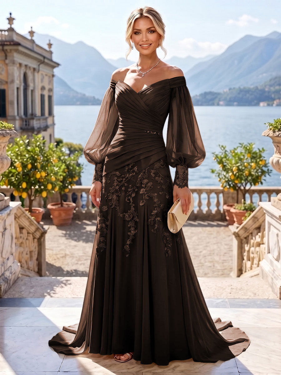 A-Line/Princess Off Shoulder Chiffon Floor-Length Mother of the Bride & Groom Dresses with Lace Appliques & Pleats (SHI22501566)