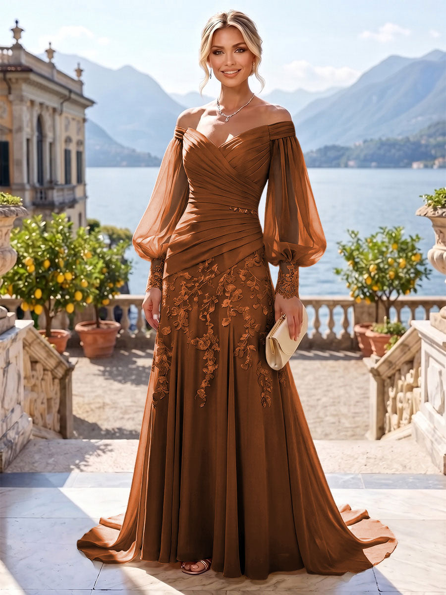 A-Line/Princess Off Shoulder Chiffon Floor-Length Mother of the Bride & Groom Dresses with Lace Appliques & Pleats (SHI22501566)