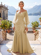 A-Line/Princess Off Shoulder Chiffon Floor-Length Mother of the Bride & Groom Dresses with Lace Appliques & Pleats (SHI22501566)